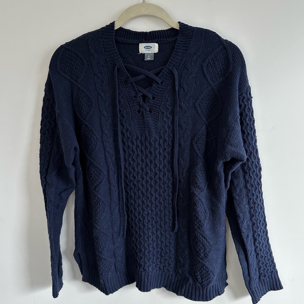 Navy Blue Old Navy Sweater with Cable Knit and Hockey Jersey Ties